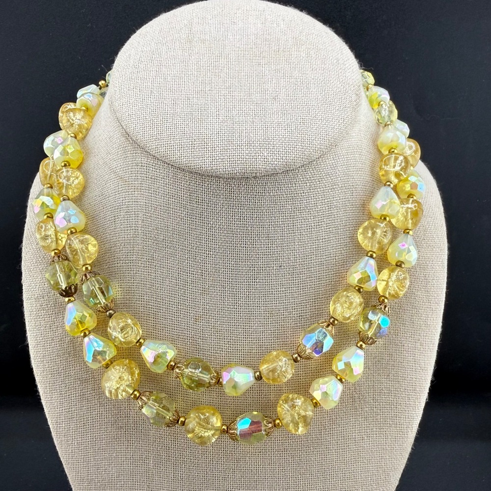 Vintage Trifari Necklace Layered Yellow Beaded Summer Spring Acrylic 16"